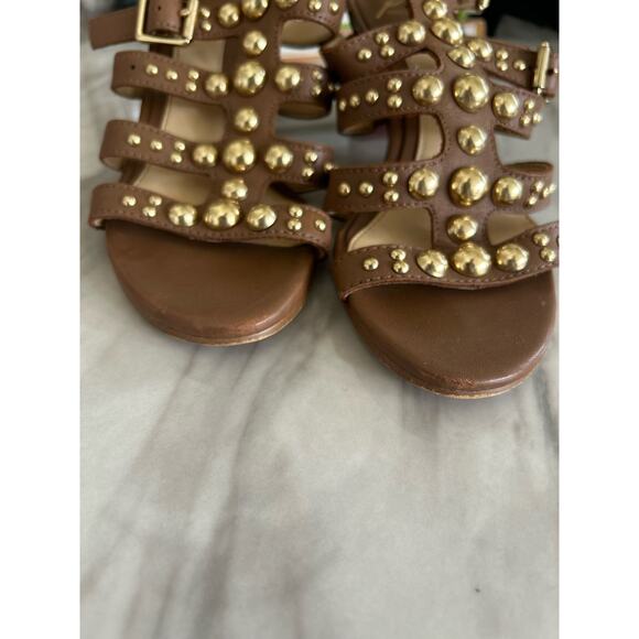 Brian Atwood Brown Leather & Gold Stud Gladiator Heeled Sandals - Picture 2 of 9